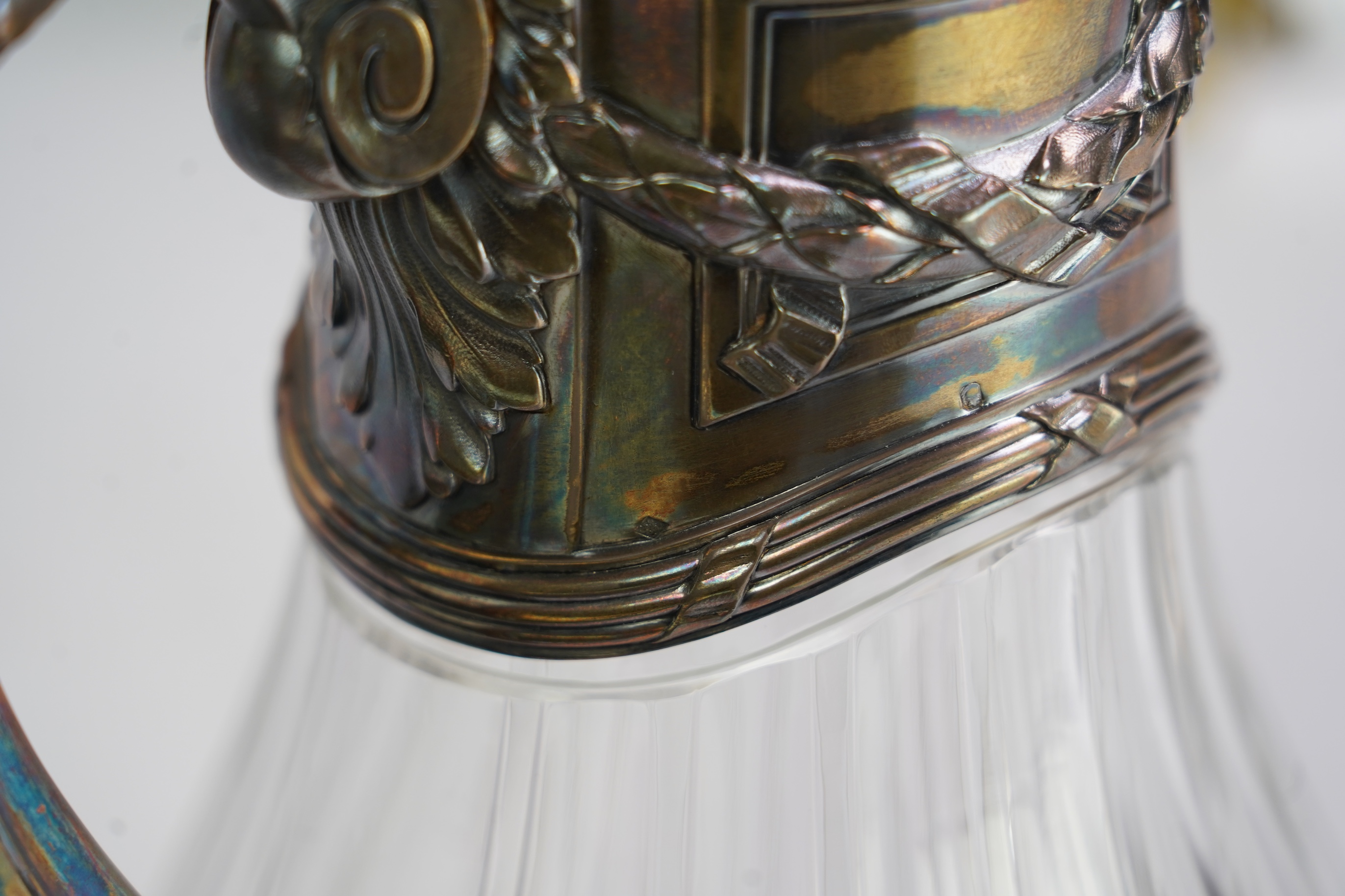 An early 20th century French 950 standard white metal mounted glass claret jug, by Risler & Carre